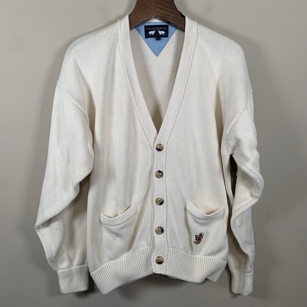 Vintage Woods & Gray  Cream Cotton  Cardigan Size XL Light Academia Preppy READ
